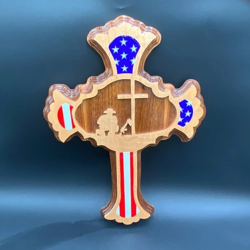 Handcrafted Craig Caudill Wooden USA Flag American Fallen Soldier Memorial Cross